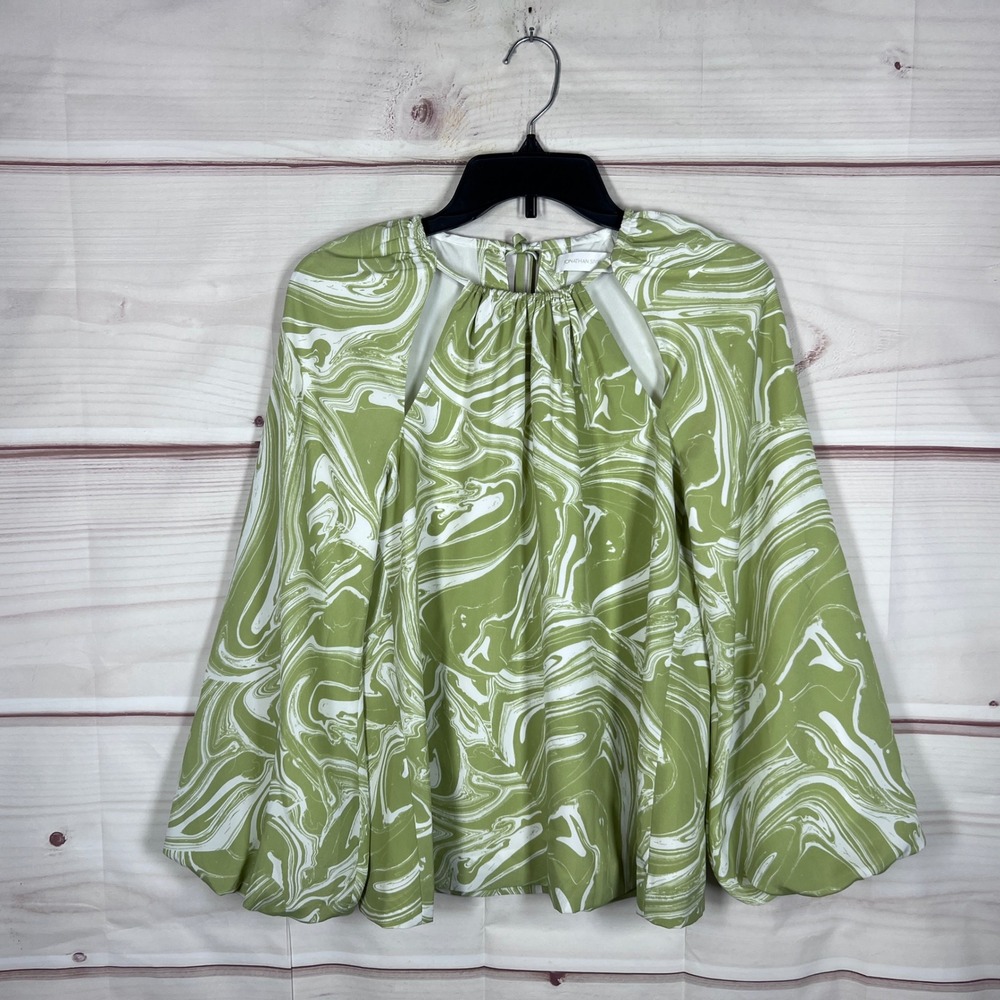 Jonathan Simkhai Blouse Women XS Green Marble Print Cutout Balloon Sleeve Top